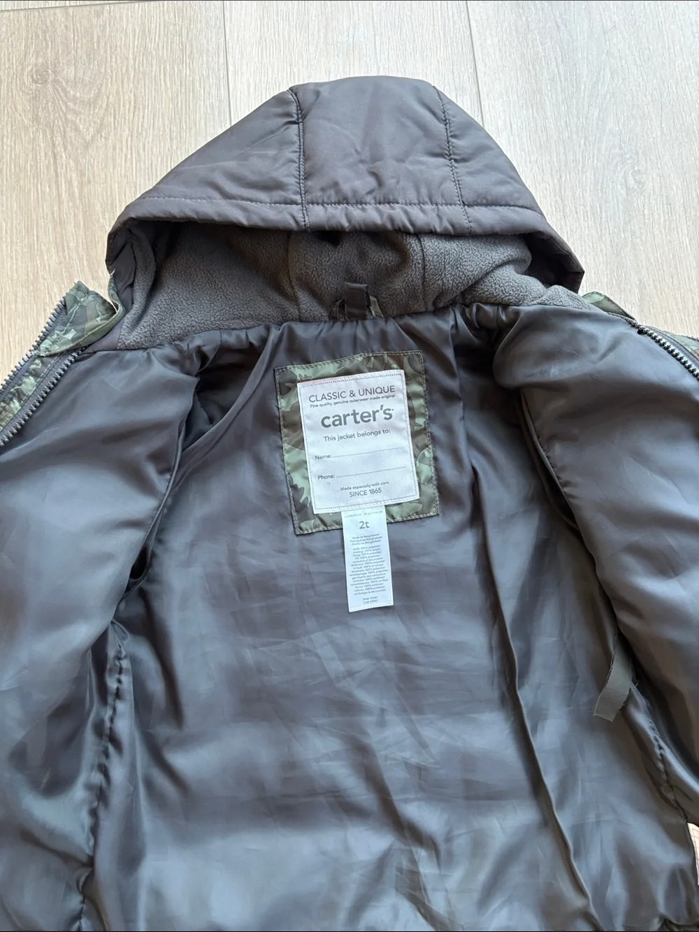 Carter's Green Camouflage Puffer Jacket with Hood